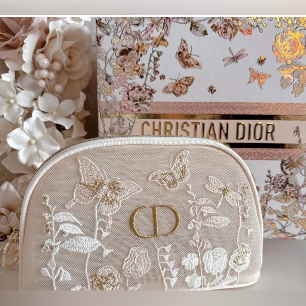 Dior Ivory and Gold Embroidered Floral Pouch
